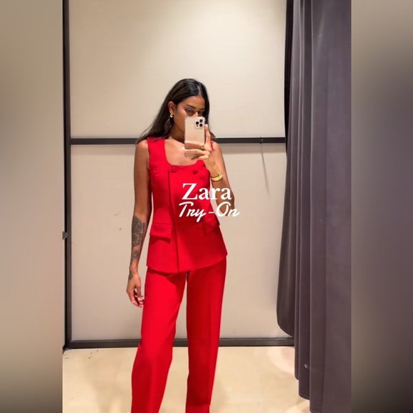 ZARA LINED BUTTON VEST + STRAIGHT LEG PANTS WITH SLIT SET - Picture 8 of 17